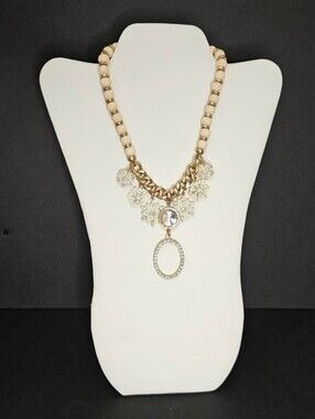 Gold color snowflake necklace with cream beads and rhinestone snowflake charms